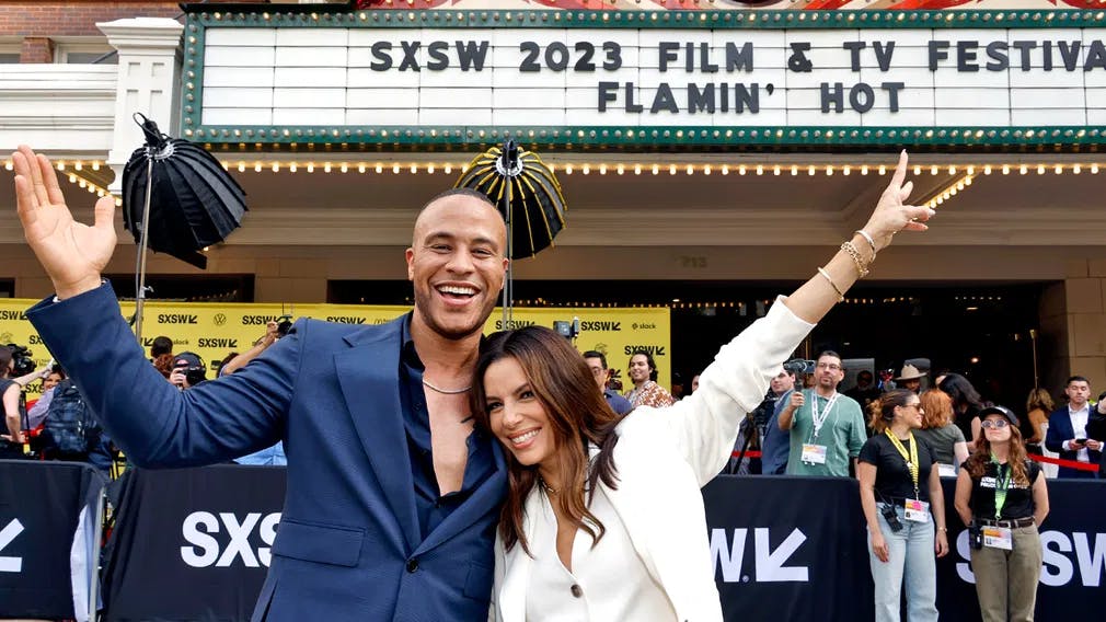 Spicy Latino Cinema: producer DeVon Franklin and director Eva Longoria premiered their movie "Flamin' Hot" at SXSW. / Photo by Daniel Boczarky, courtesy of SXSW.