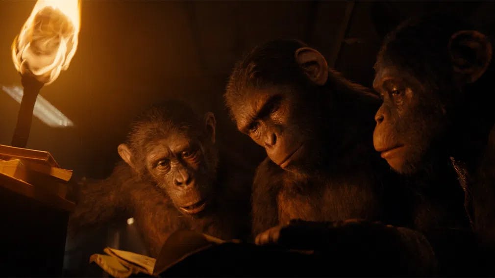 Monkey business: Soona (Lydia Pecham), Noa (Owen Teague), and Anaya (Travis Jeffery) get a primer on what humans want in "Kingdom of the Planet of the Apes" / Photo courtesy of 20th Century Fox.